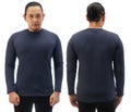 Blank long sleeved shirt mock up template, front and back view, Asian man wear plain dark navy blue t-shirt isolated on white. Tee