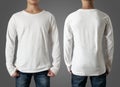 Blank long sleeved shirt mock up template, front and back view, Asian tennage man wear plain white t-shirt . Tee design Royalty Free Stock Photo