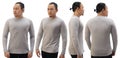 Blank long sleeved shirt mock up template, front side and back view, Asian man wear plain grey t-shirt isolated on white. Tee Royalty Free Stock Photo