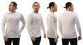 Blank long sleeved shirt mock up template, front side and back view, Asian man wear plain white t-shirt isolated. Tee design Royalty Free Stock Photo