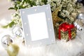 Blank luxury grey photo frame with home decor christmas theme for add text. Royalty Free Stock Photo