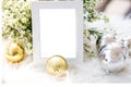 Blank luxury grey photo frame with home decor christmas theme for add text. Royalty Free Stock Photo