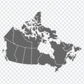 Blank map of Canada. High quality map of Canada with provinces on transparent background for your web site design, logo, app, UI.