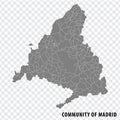 Blank map Community of Madrid of Spain. High quality map Comarcas of Madrid on transparent background