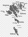 Blank map Faroe Islands in gray. Every Island map is with titles. High quality map of Faroe Islands on transparent background for