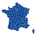 Blank map France. Departments of France map. High detailed blue vector map of France on white background