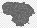 Blank map of Lithuania. Departments and Districts of Lithuania map. High detailed gray vector map of Republic of Lithuania on tra