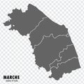 Blank map Marche of Italy. High quality map Region Marche with municipalities on transparent background