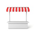 Blank market stall kiosk stand exhibition booth shop store with product shelf counter or display shop stand with red striped