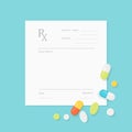 Blank Medicine Prescription Form with Pills Scattered on It.