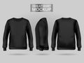 Blank men`s black sweatshirt in front, back and side views. Realistic female clothes for sport and urban style