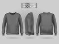 Blank men`s gray sweatshirt in front, back and side views. Realistic female clothes for sport and urban style Royalty Free Stock Photo
