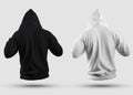 Blank men`s hoodie template 3D rendering, realistic white, black sweatshirt, back, for design presentation, advertising in the