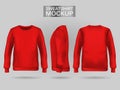 Blank men`s red sweatshirt in front, back and side views. . Realistic female clothes for sport and urban style Royalty Free Stock Photo