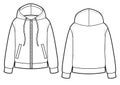 Blank Men's and Women's hoodies in front, back views. Zipper clasp on front