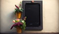 Blank menu blackboard wall add other text decorated flowers poster eatery food board signpost outdoors flower flowerpot empty Royalty Free Stock Photo