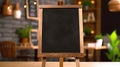 Blank menu board on wooden top table with blurred of coffee shop background. Generative Ai Royalty Free Stock Photo