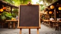 Blank menu board on wooden top table with blurred of coffee shop background. Generative Ai Royalty Free Stock Photo