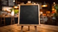 Blank menu board on wooden top table with blurred of coffee shop background. Generative Ai Royalty Free Stock Photo