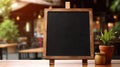 Blank menu board on wooden top table with blurred of coffee shop background. Generative Ai Royalty Free Stock Photo