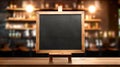Blank menu board on wooden top table with blurred of coffee shop background. Generative Ai Royalty Free Stock Photo