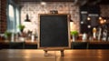 Blank menu board on wooden top table with blurred of coffee shop background. Generative Ai Royalty Free Stock Photo