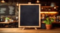 Blank menu board on wooden top table with blurred of coffee shop background. Generative Ai Royalty Free Stock Photo