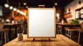 Blank menu board on wooden top table with blurred of coffee shop background. Generative Ai Royalty Free Stock Photo