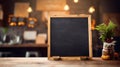 Blank menu board on wooden top table with blurred of coffee shop background. Generative Ai Royalty Free Stock Photo