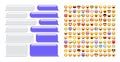 Blank message bubbles with emoji. Violet chat or messenger speech bubble. SMS text frame. Short message sending Royalty Free Stock Photo