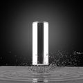 Blank metal energy drink can mock-up with water splash 3d render on dark background