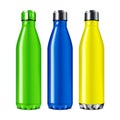 Blank metal insulated water bottle color set vector mockup. Reusable colour stainless steel travel sport flask isolated on white Royalty Free Stock Photo