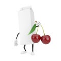 Blank Milk or Juice Carton Box Cartoon Character Mascot Person with Fresh Cherry Fruit with Leaf in Hand. 3d Rendering Royalty Free Stock Photo