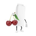 Blank Milk or Juice Carton Box Cartoon Character Mascot Person with Fresh Cherry Fruit with Leaf in Hand. 3d Rendering Royalty Free Stock Photo