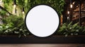 a blank minimal circular shop signboard mockup for design, a street hanging signboard for logo presentation with a light