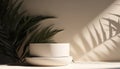 Blank minimal white counter podium, soft beautiful dappled sunlight, tropical palm foliage leaf shadow on wall