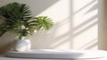 Blank minimal white counter podium, soft beautiful dappled sunlight, tropical palm foliage leaf shadow on wall for luxury hygiene
