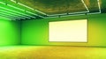 Blank mock up poster on light green wall in modern empty hall with neon paints and halogen lamps Royalty Free Stock Photo