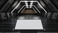 Blank mock up vertical billboard or LCD screen floor stand in spaceship or space station interior, Sci Fi tunnel, 3D rendering Royalty Free Stock Photo