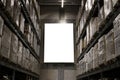 Blank mockup advertising with copy space on the wall of the warehouse storage with rows of shelves with goods boxes