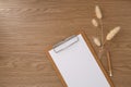 Blank mockup board on wooden texture background.Work desk. Top view. flat lay Royalty Free Stock Photo