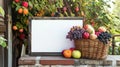 Blank mockup of a charming cottagestyle sign with a handheld basket of fruits and veggies