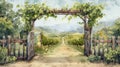 Blank mockup of a charming handdrawn wine vineyard entrance sign with watercolorstyle gs and cursive script.