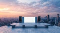 Blank mockup of a concert stage on a rooftop offering stunning views of the city skyline as a backdrop for the