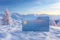 Blank mockup of credit card sitting on top of snow covered ground