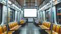 Blank mockup of a digital poster frame installed on the overhead compartments of a train.