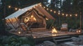 Blank mockup of an Outdoor Retail Popup Store set up in a rustic camping theme with a cozy fire pit and string lights.