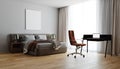 Blank mockup of painting and laptop on the wall in stylish bedroom interior