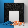 Blank mockup of poster billboard on blue flames and orange mist, white pebbles and black cubes AI generation Royalty Free Stock Photo