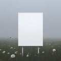 Blank mockup of poster billboard on foggy morning over a field of daisies AI generation